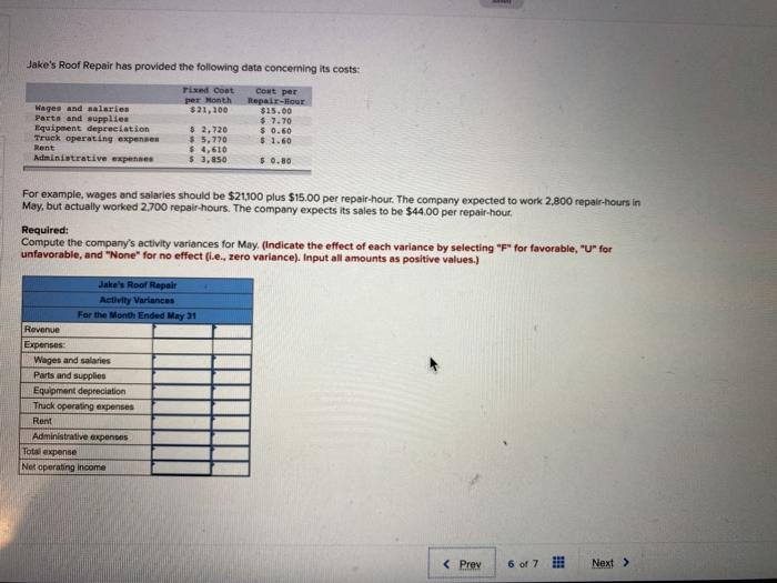 Repair has provided the following data concerning its costs: Fixed Coat Cost