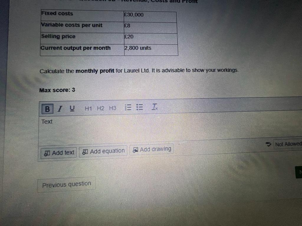 quicl solution need...for upvote Fixed costs 30,000 Variable costs per unit 8