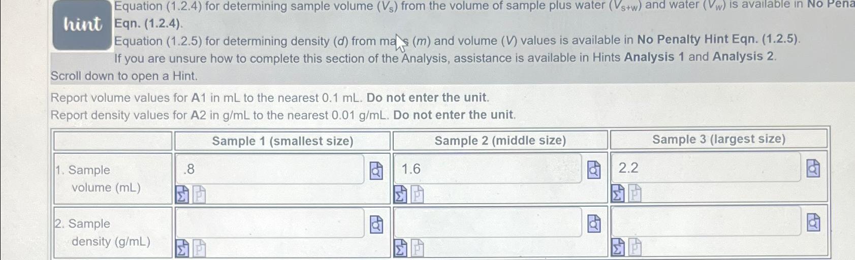 hint\ Equation (1.2.4) for determining sample volume (V_(s)) from the volume
