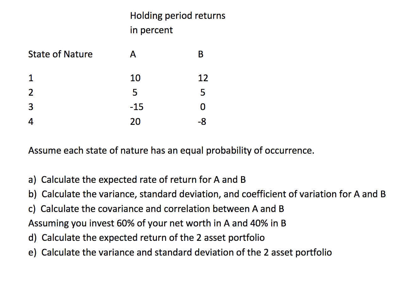 ANSWER WITHOUT USING EXXCEL Holding period returns in percent State of Nature