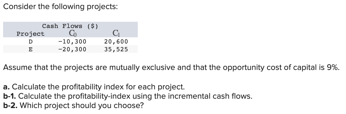 Consider the following projects: Assume that the projects are mutually exclusive