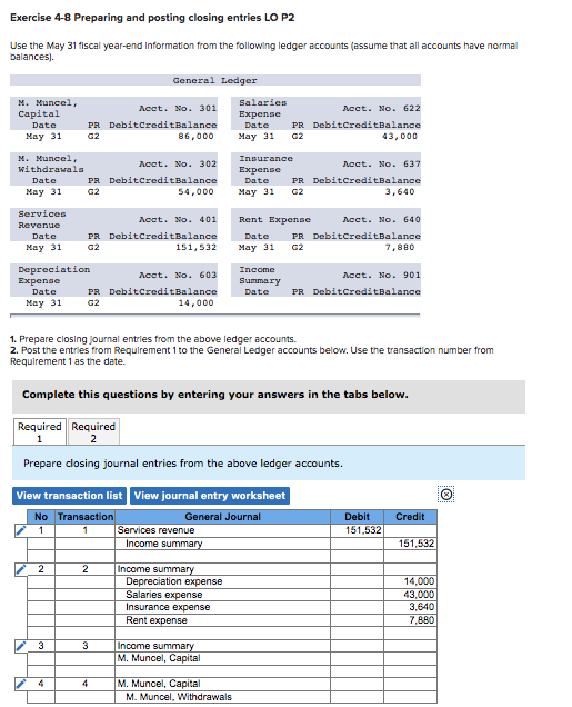  Exercise 4-8 Preparing and posting closing entries LO P2 Use the