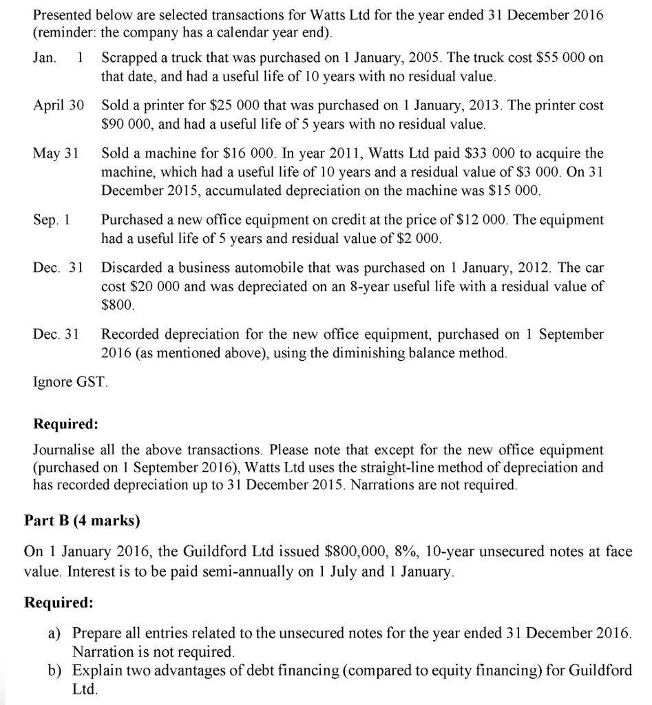 Presented below are selected transactions for Watts Ltd for the year