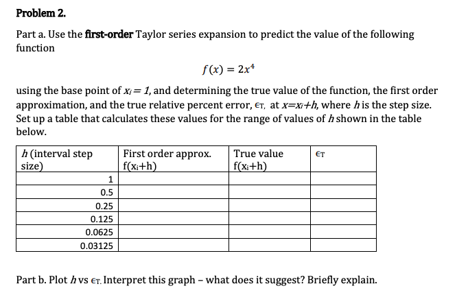 Use Excel please! Problem 2. Part a. Use the first-order Taylor
