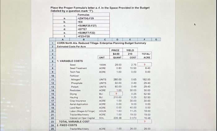  Place the Proper Formula's letter a.-f. in the Space Provided in