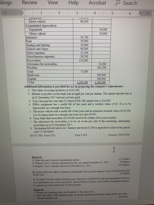 marks) A-Tracy Underhill operates as a sole trader. Below is a trial