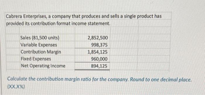  please answer with a table Cabrera Enterprises, a company that produces