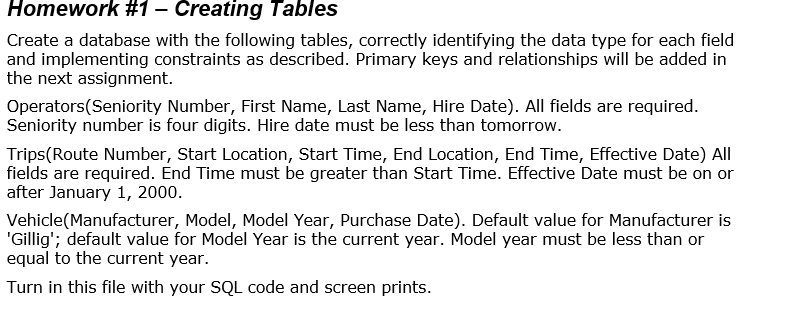 SQL help Homework #1-Creating Tables Create a database with the following tables,