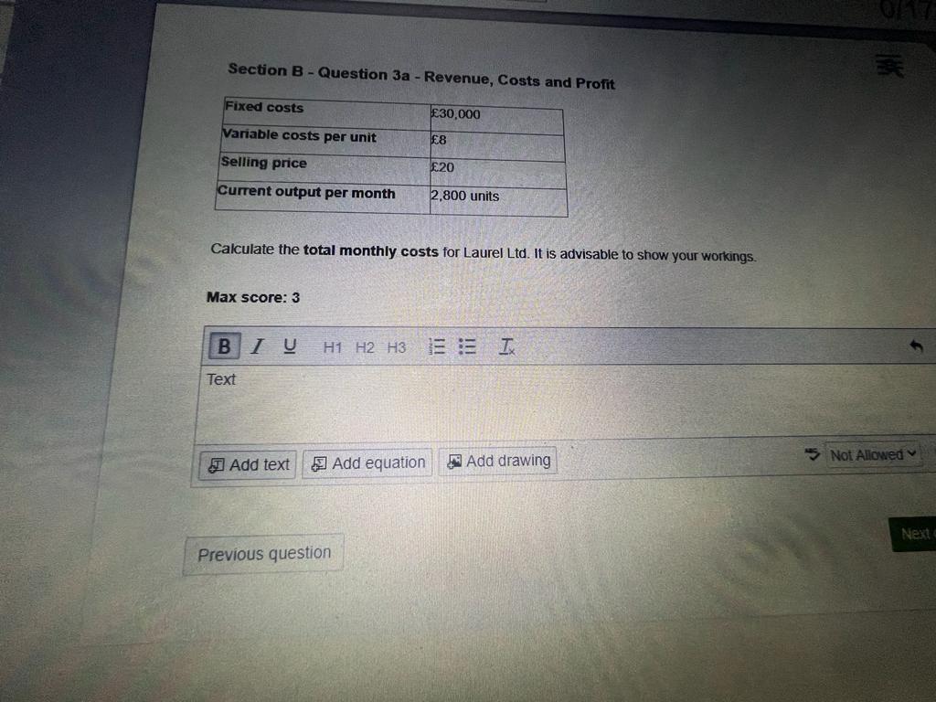 need quick solution plz Section B - Question 3a - Revenue, Costs