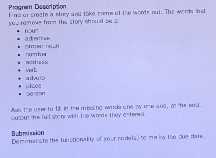  java Program Description Find or create a story and take some