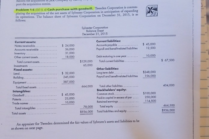  I need help solving Problem 1-6 in my Advanced Accounting Class.