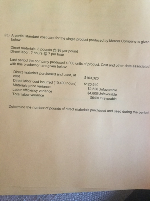  Question 23 23) A partial standard cost card for the single