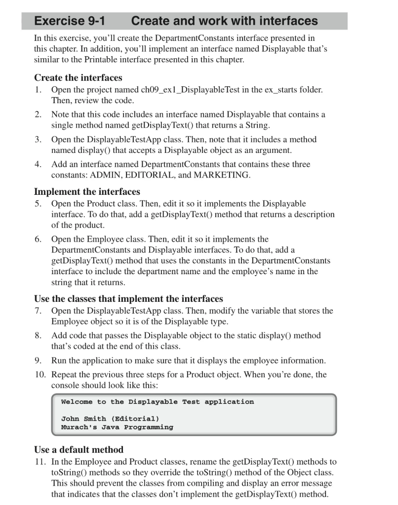 please send the complete code Exercise 9-1 Create and work with interfaces