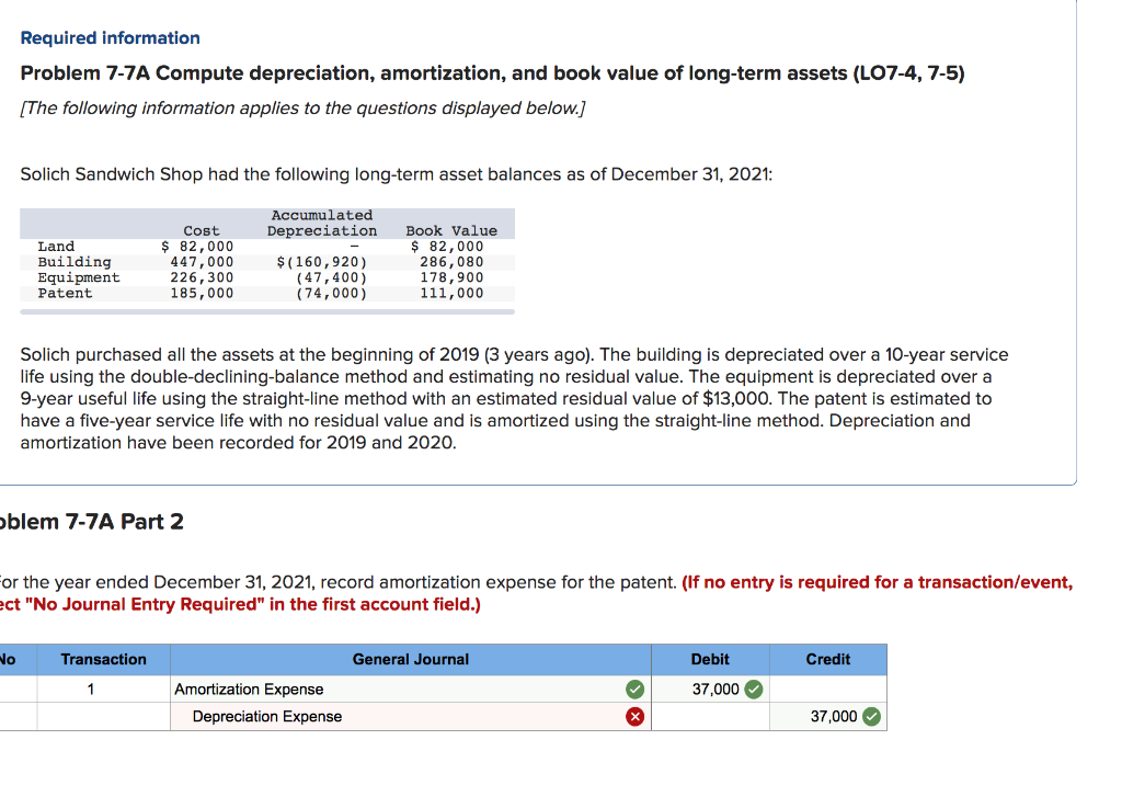 Required information Problem 7-7A Compute depreciation, amortization, and book value of
