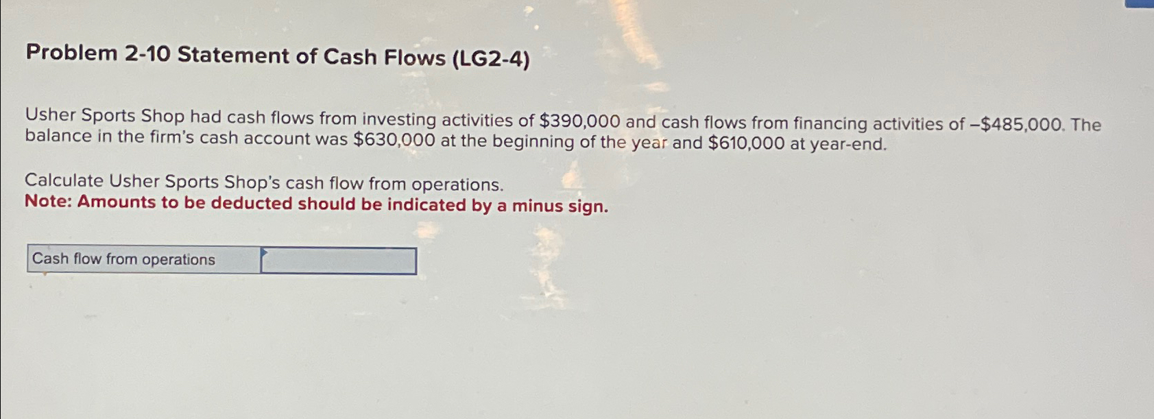 Problem 2-10 Statement of Cash Flows (LG2-4) Usher Sports Shop had