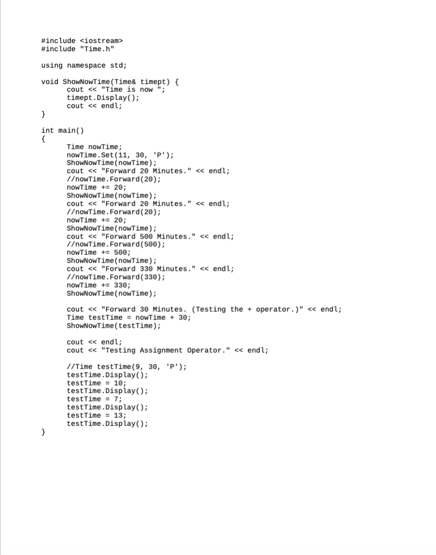 and Time.cpp files from Canvas and add the necessary operator functions. A