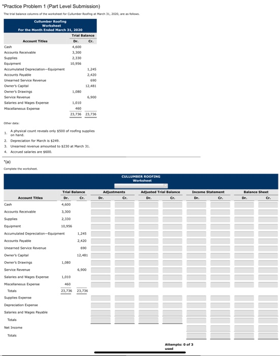  *Practice Problem 1 (Part Level Submission) The bw balance columns of