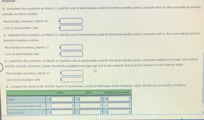 and data on purchases and sales for a three-month period ending March
