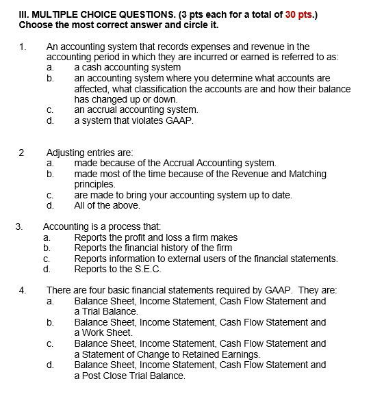 III. MULTIPLE CHOICE QUESTIONS. (3 pts each for a total of