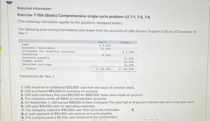  Required information Exercise 7-15A (Static) Comprehensive single-cycle problem LO 7-1, 7-5,