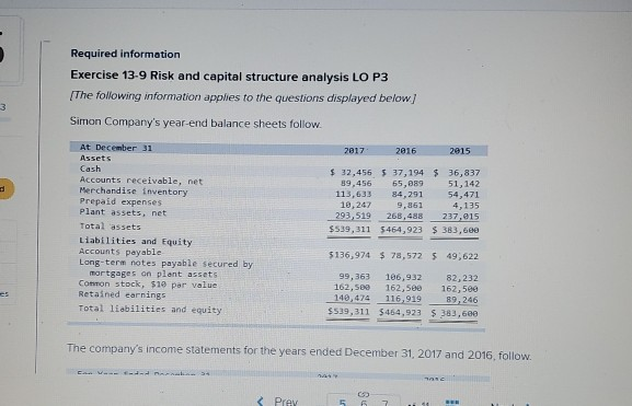  Required information Exercise 13-9 Risk and capital structure analysis LO P3