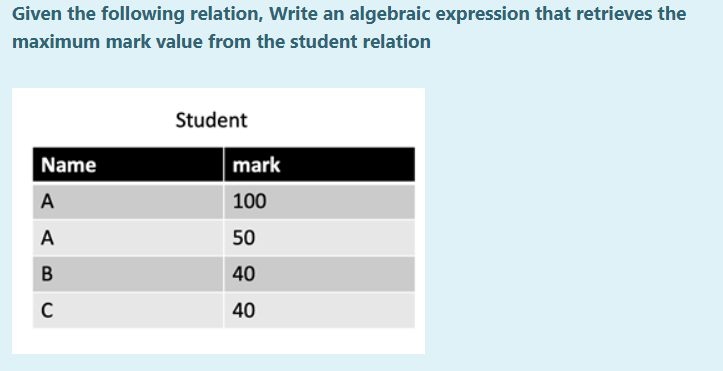 A1 ID=iD A2 Given the following relation, Write an algebraic expression that