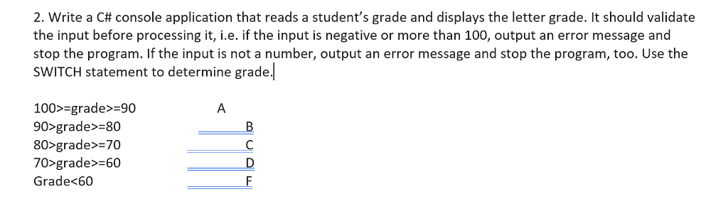  2, write a C# console application that reads a student's grade