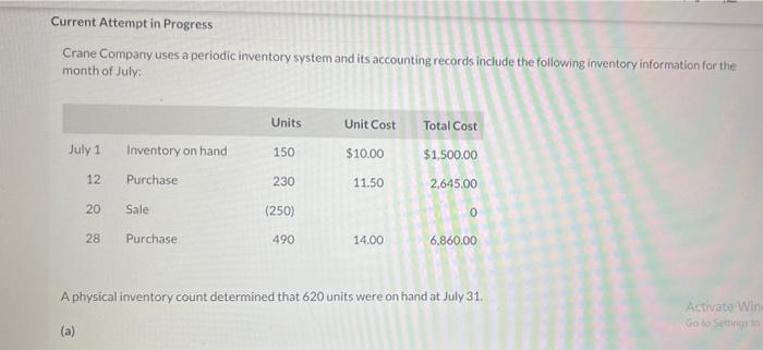  Current Attempt in Progress Crane Company uses a periodic inventory system