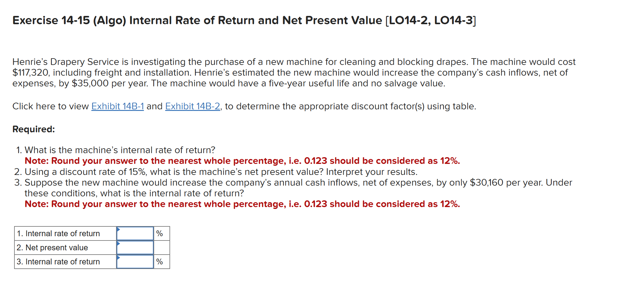  Exercise 14-15(Algo) Internal Rate of Return and Net Present Value [LO14-2,