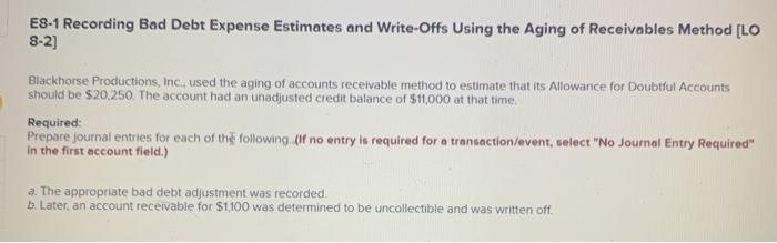  E8-1 Recording Bad Debt Expense Estimates and Write-Offs Using the Aging