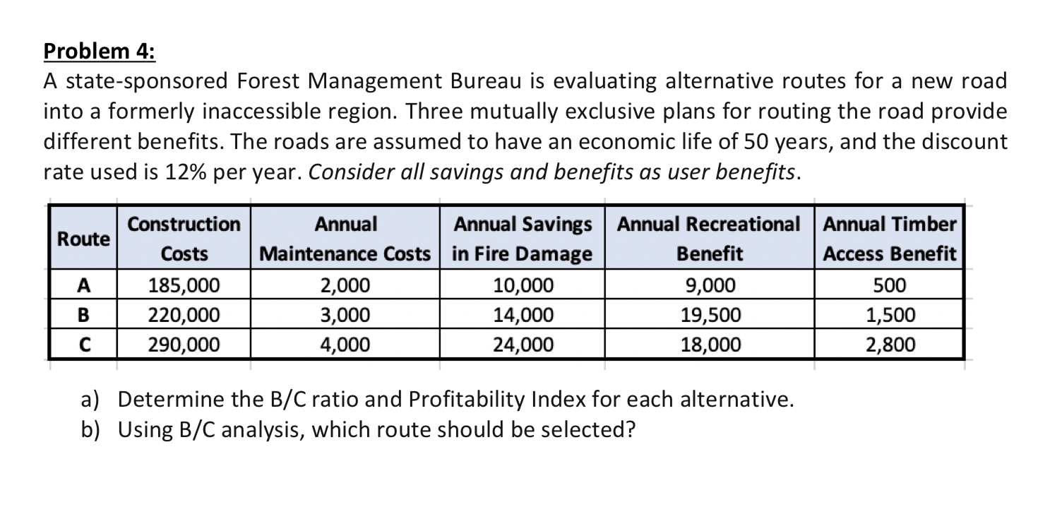 Problem 4: A state-sponsored Forest Management Bureau is evaluating alternative routes