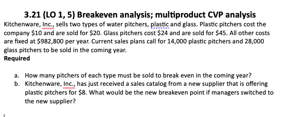 3.21 (LO 1, 5) Breakeven analysis; multiproduct CVP analysis Kitchenware, Inc.,