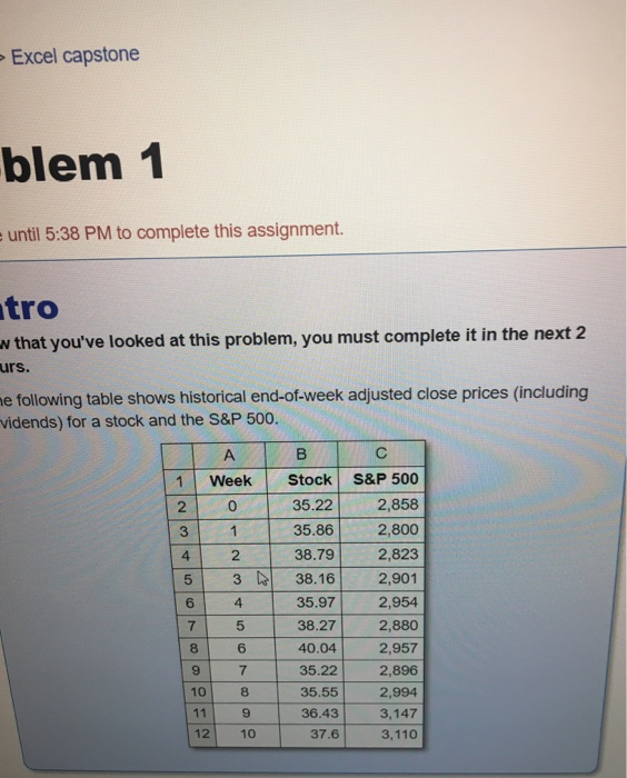  Excel capstone blem 1 until 5:38 PM to complete this assignment.