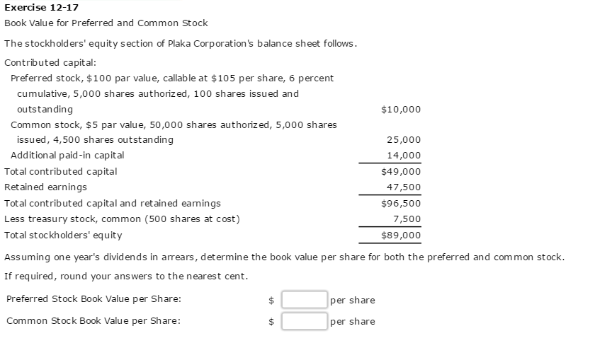 Book Value for Preferred and Common Stock Book Value for Preferred and