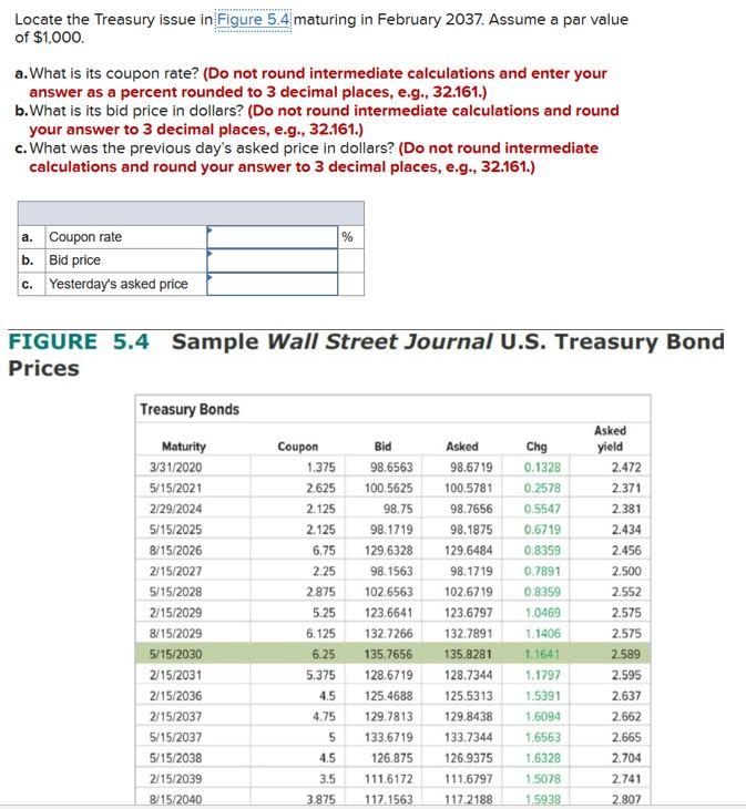 Please show all work and formulas used. Locate the Treasury issue in