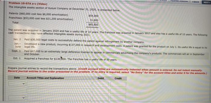  PRINTER VERSION 4 NEXT Problem 10-07A a-c (Video) The intangible assets