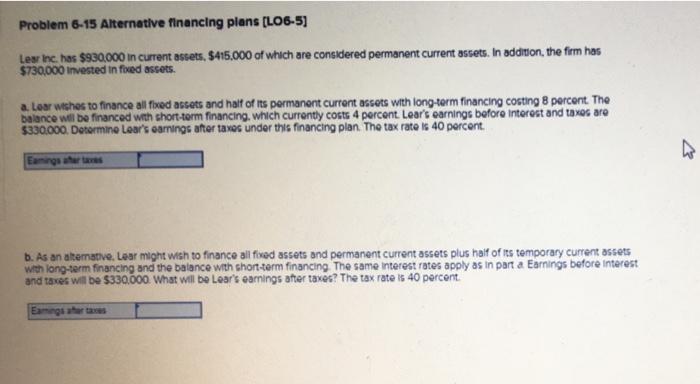 Problem 6-15 Alternative financing plans (LO6-5) Les Inc. has $930.000 in