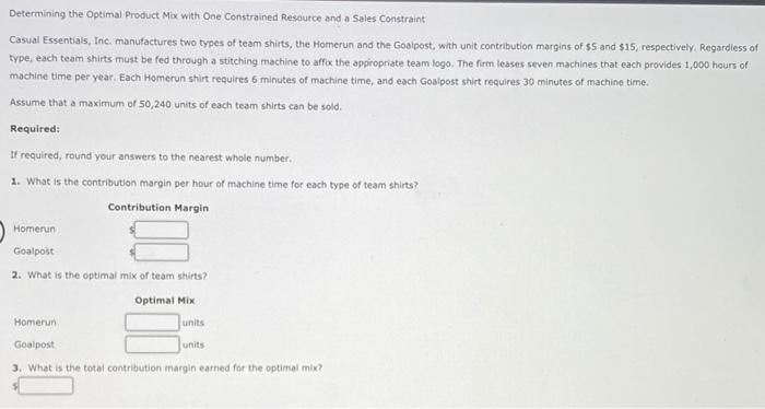  Determining the optimal Product Mix with One Constrained Resource and a