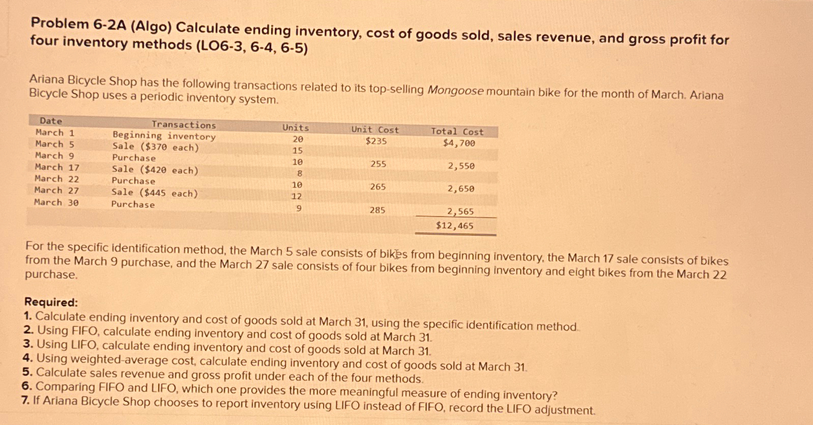  Problem 6-2A (Algo) Calculate ending inventory, cost of goods sold, sales