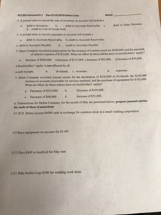 ACC305 Homework 1 Due 9/10/2019 before class Name: 1. A journal