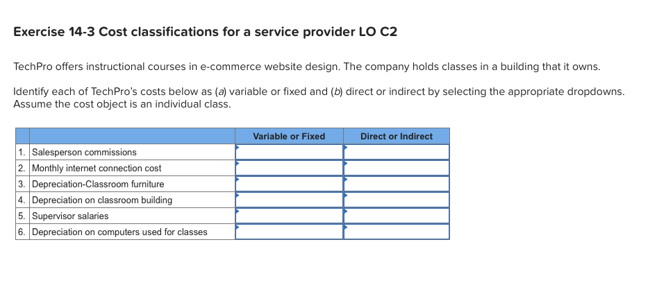 Exercise 14-3 Cost classifications for a service provider LO C2 TechPro