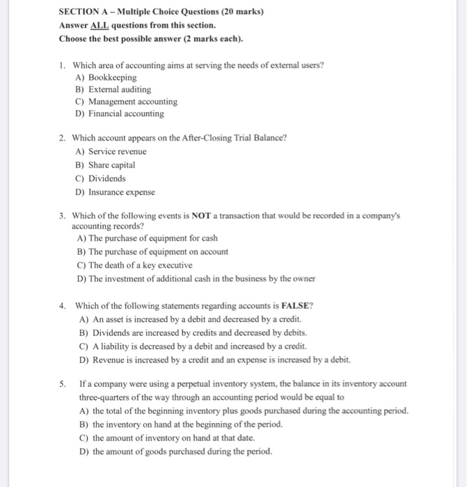 SECTION A-Multiple Choice Questions (20 marks) Answer ALL questions from this