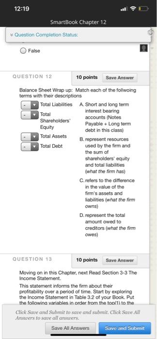  12:19 SmartBook Chapter 12 Question Completion Status: False QUESTION 12 10