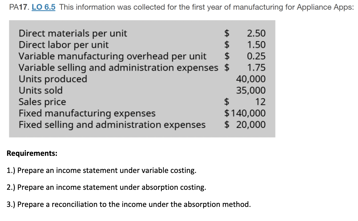  PA17. LO 6.5 This information was collected for the first year