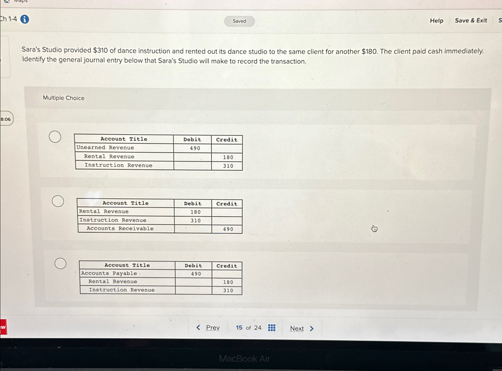  Ch 1-4 Help Save & Exit Sara's Studio provided $310 of