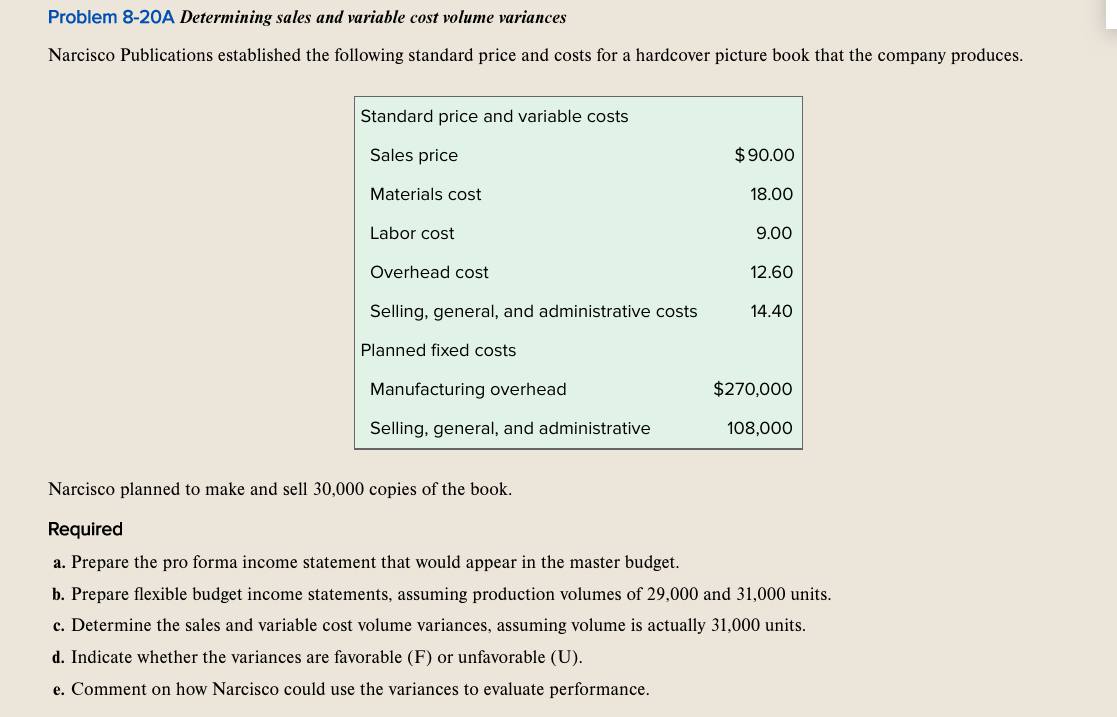  Problem 8-20A Determining sales and variable cost volume variances Narcisco Publications