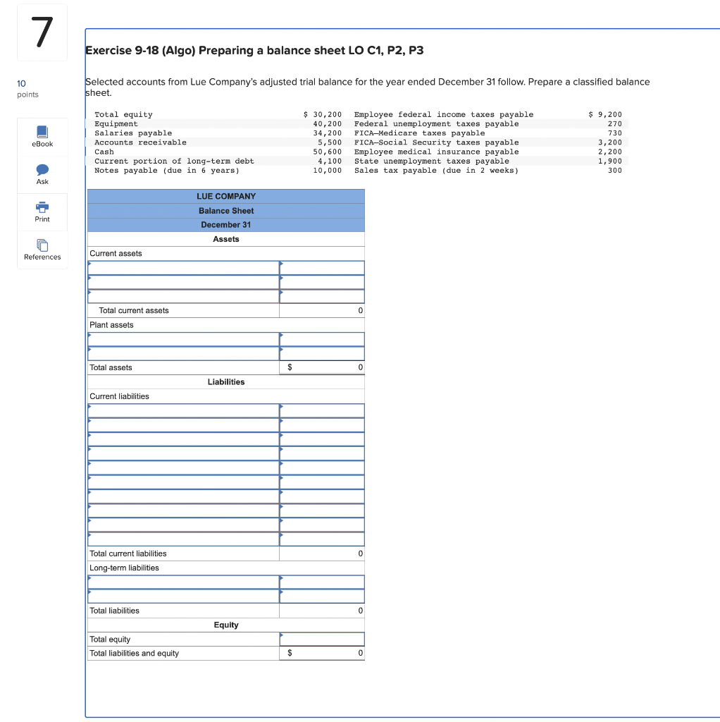  Exercise 9-18 (Algo) Preparing a balance sheet LO C1, P2, P3