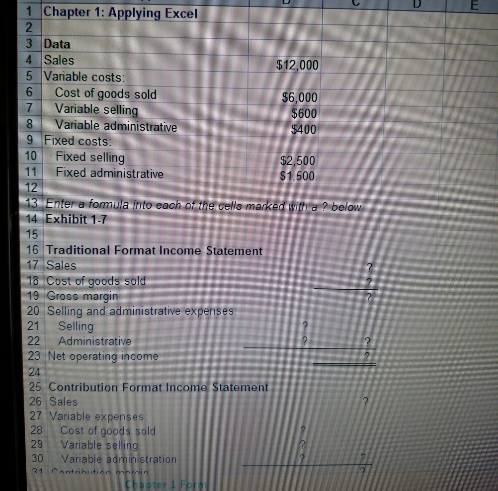 Answer using excel formula/functions 1 Chapter 1: Applying Excel 2 3 Data