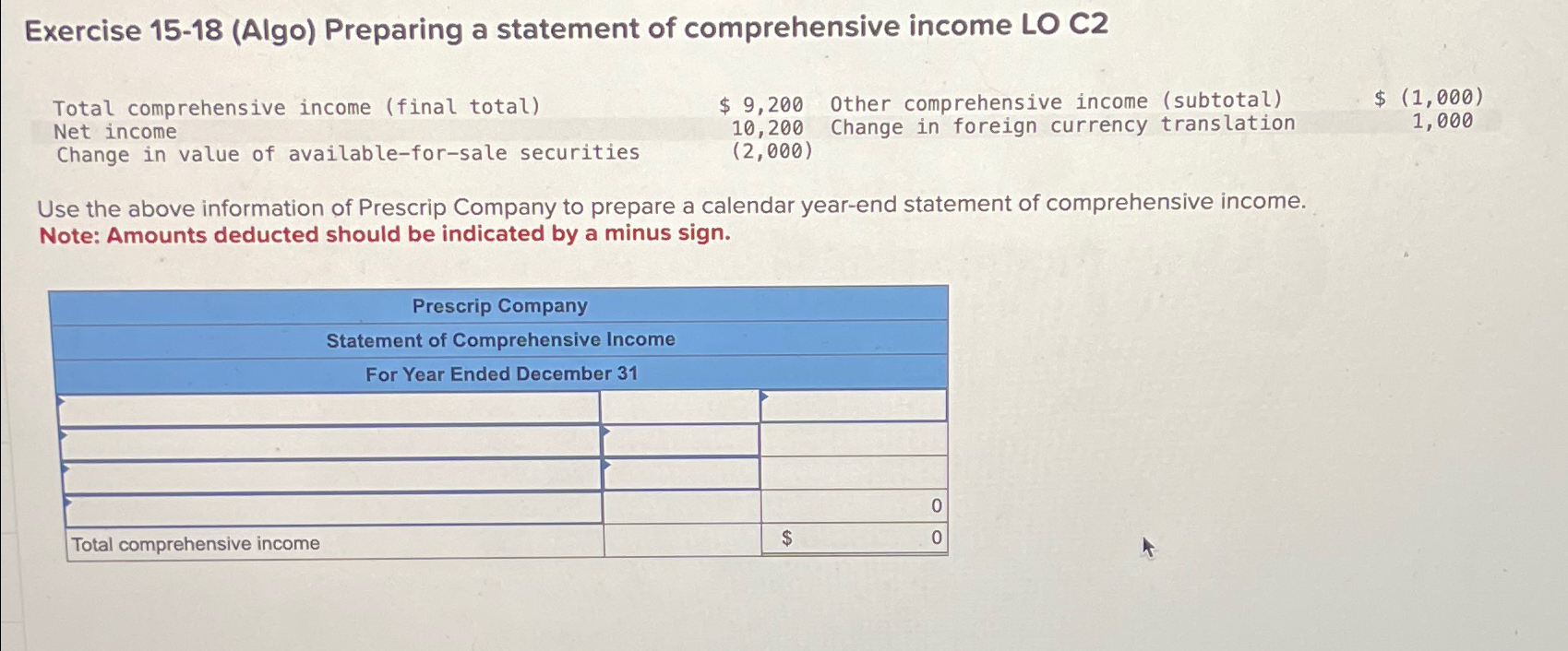  Exercise 15-18(Algo) Preparing a statement of comprehensive income LO C2 Total