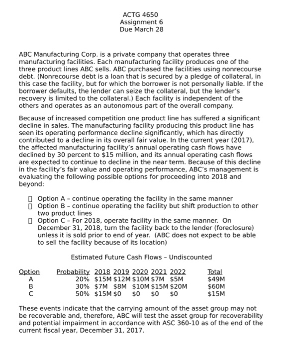  ACTG 4650 Assignment 6 Due March 28 ABC Manufacturing Corp. is